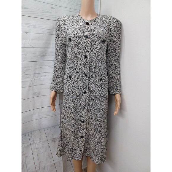 Vtg Albert Nipon White Black 100% Silk Dress Floral 4 Pockets Sz 8 - Picture 1 of 11
